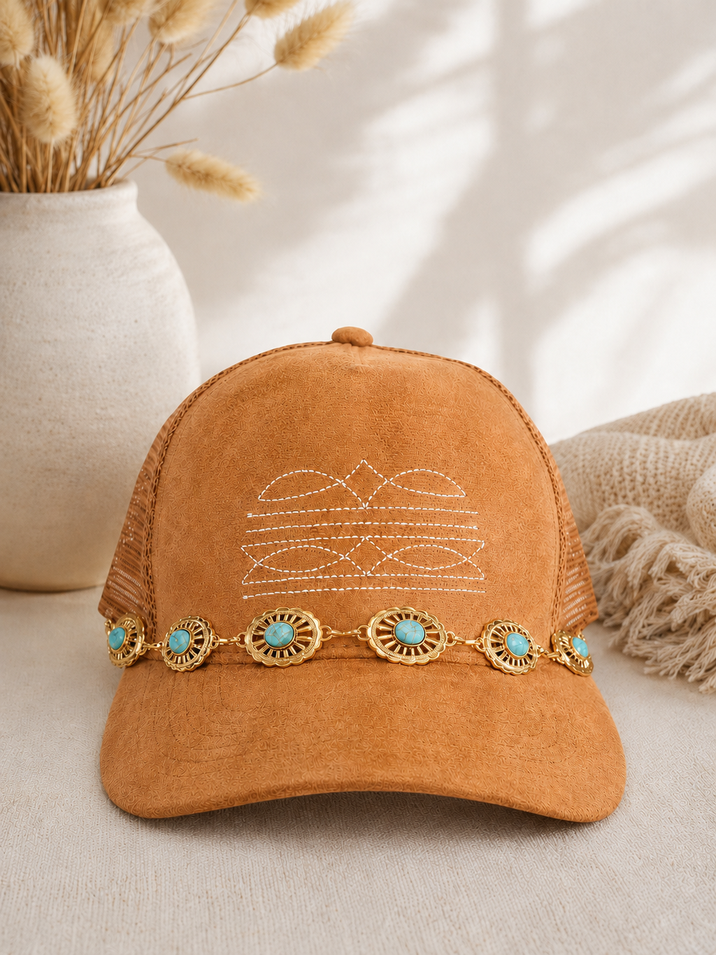Western Boot Stitch Suede Hat - With Turquoise & Gold Belt Chain