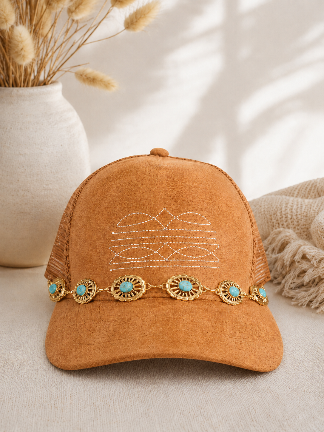 Western Boot Stitch Suede Hat - With Turquoise & Gold Belt Chain