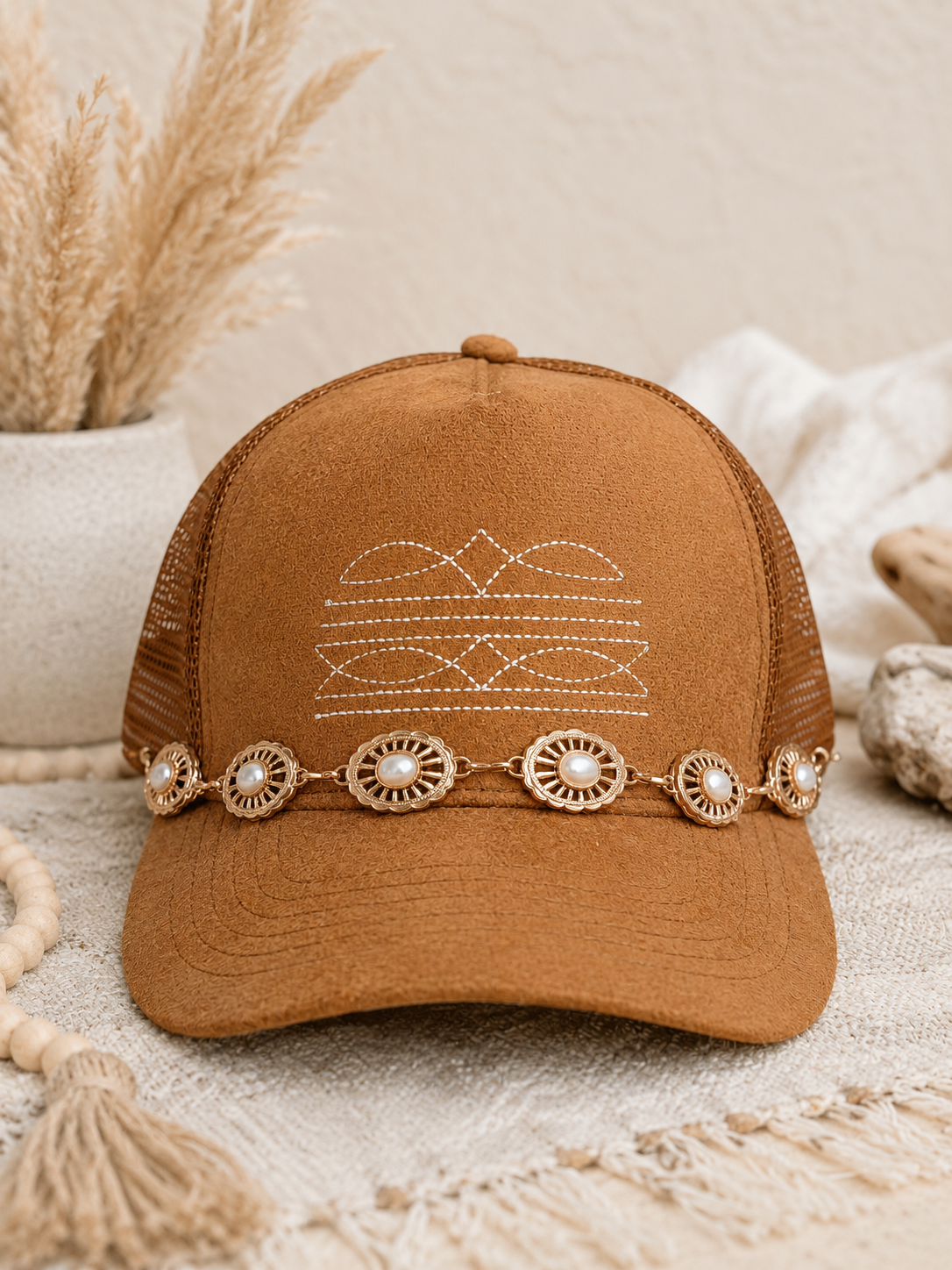 Western Boot Stitch Suede Hat - With Pearls & Gold Belt Chain