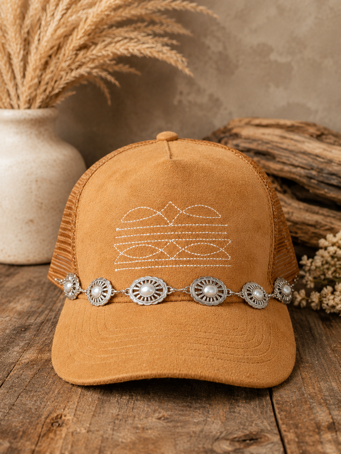 Western Boot Stitch Suede Hat - With Pearls & Silver Belt Chain
