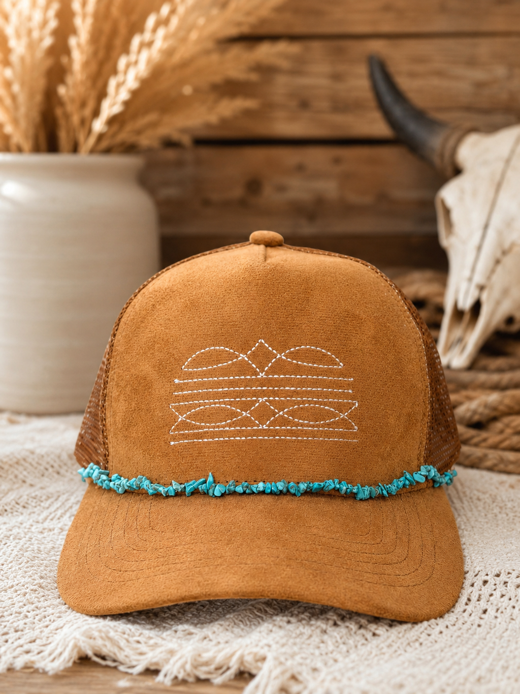 Western Boot Stitch Suede Hat - With Turquoise Chain