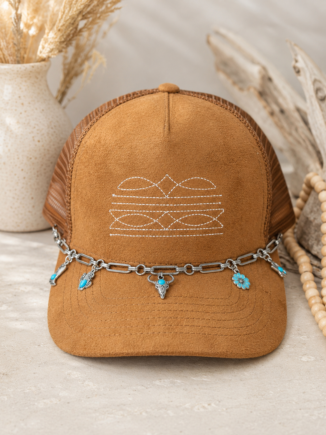 Western Boot Stitch Suede Hat - With Western Charm Chain