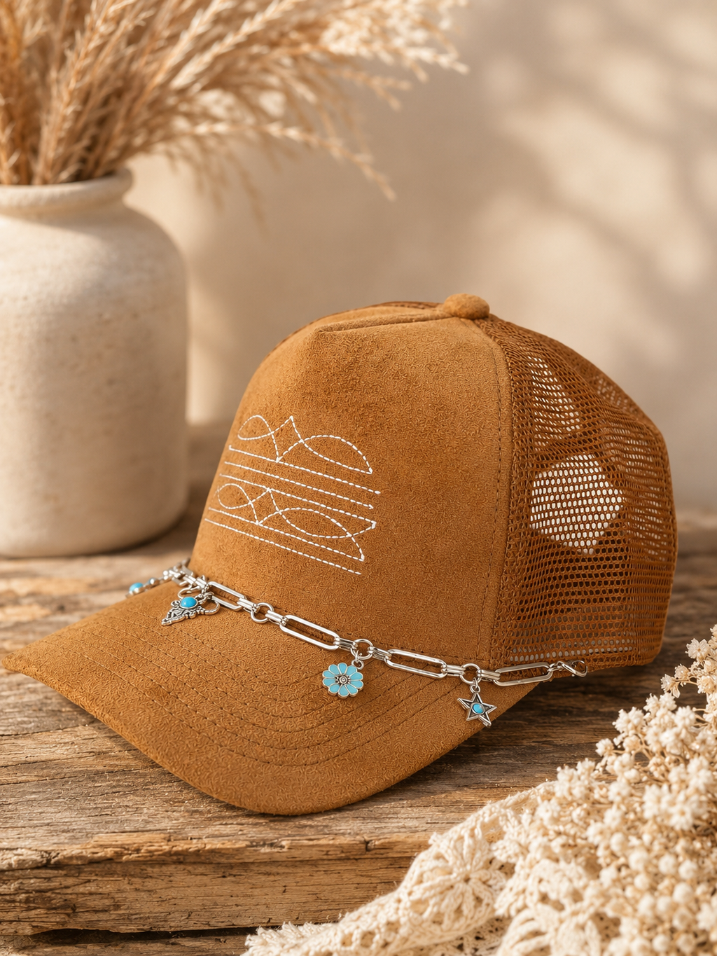 Western Boot Stitch Suede Hat - With Western Charm Chain