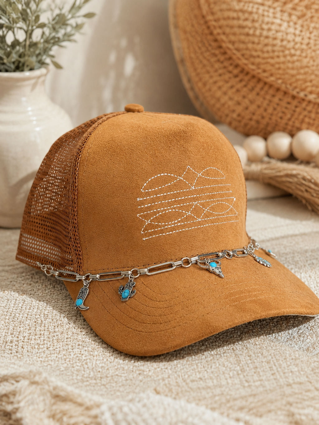 Western Boot Stitch Suede Hat - With Western Charm Chain