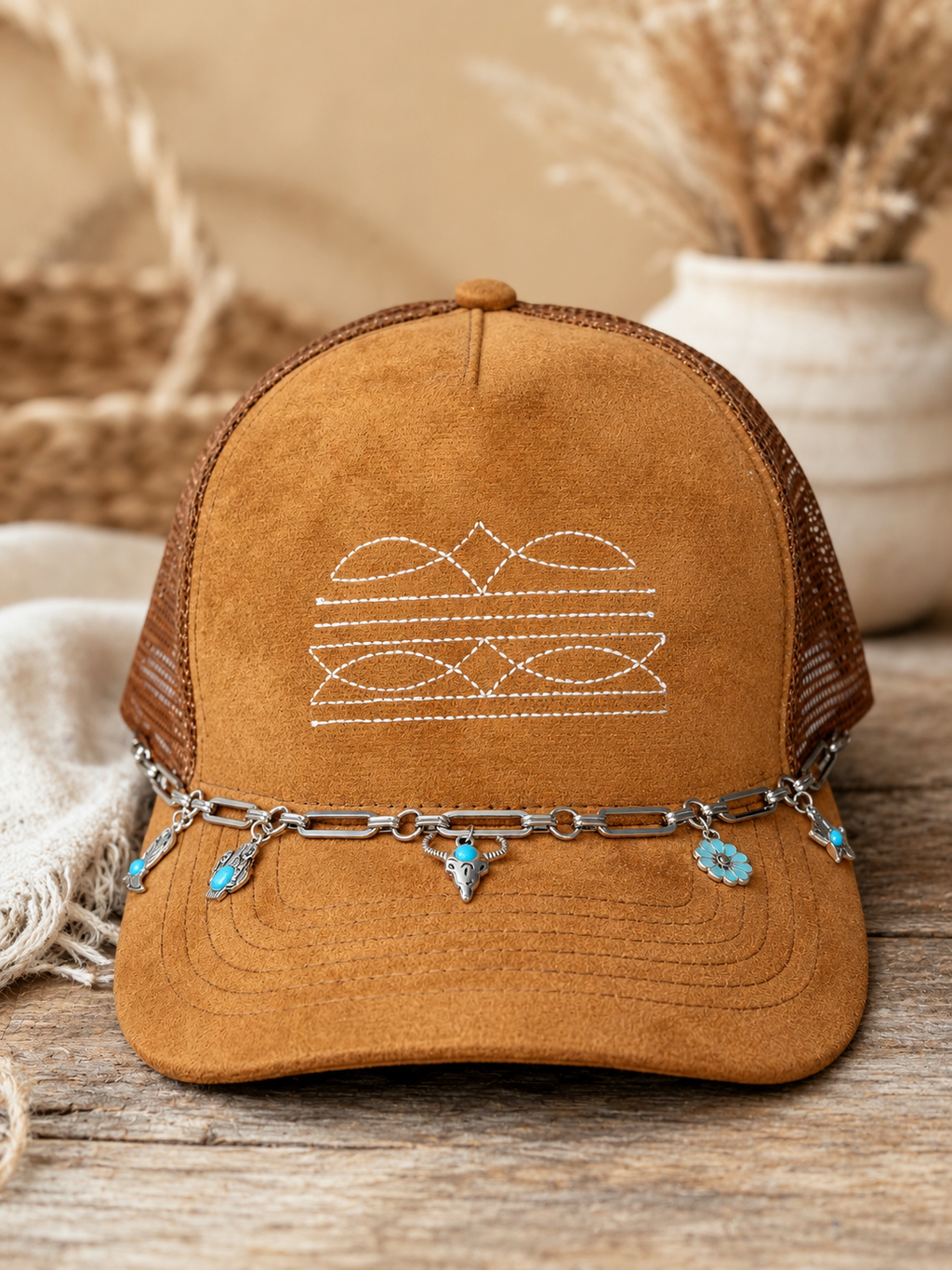 Western Boot Stitch Suede Hat - With Western Charm Chain