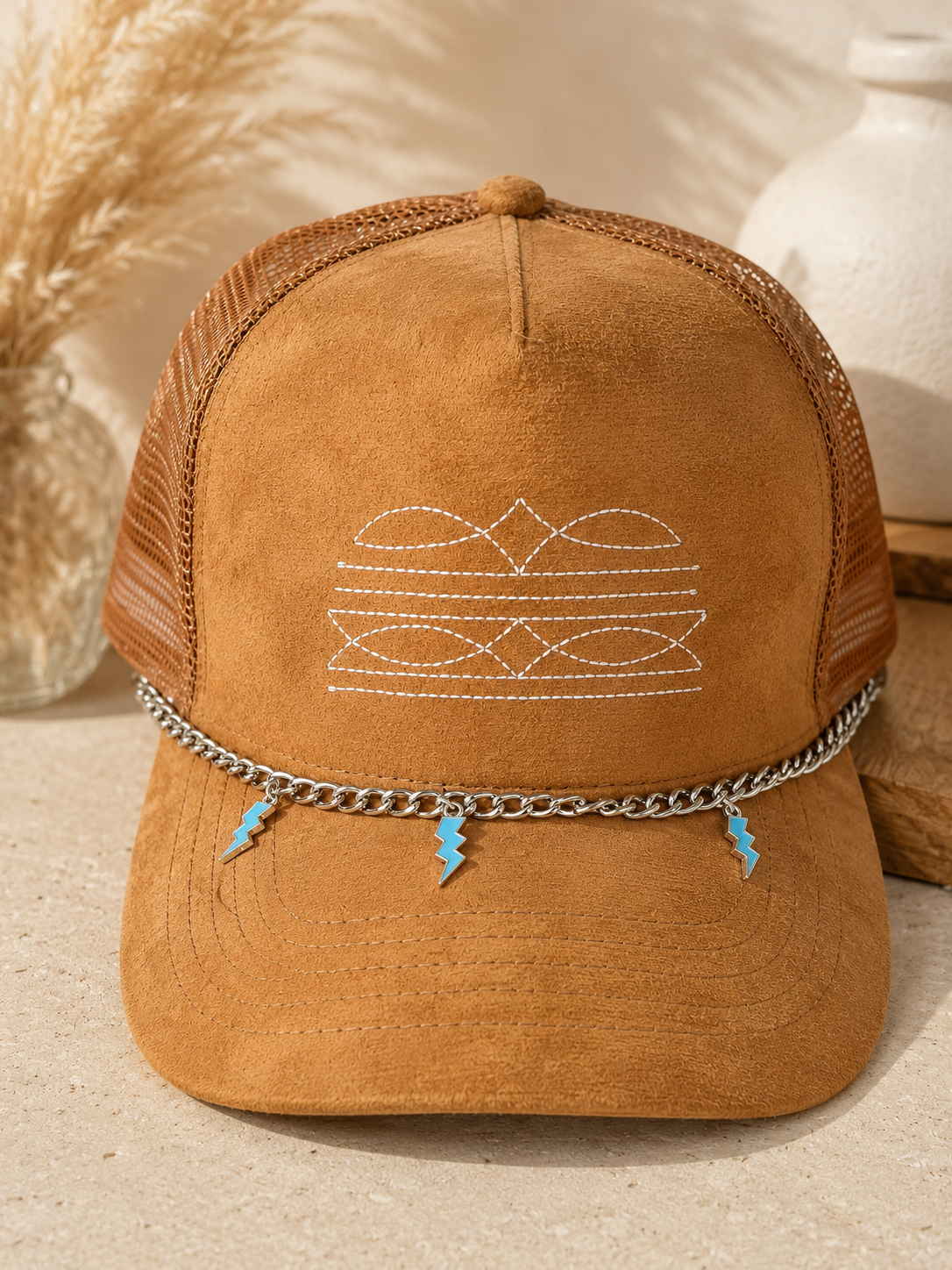 Western Boot Stitch Suede Hat - With Turquoise Lightening Bolt Charm Chain