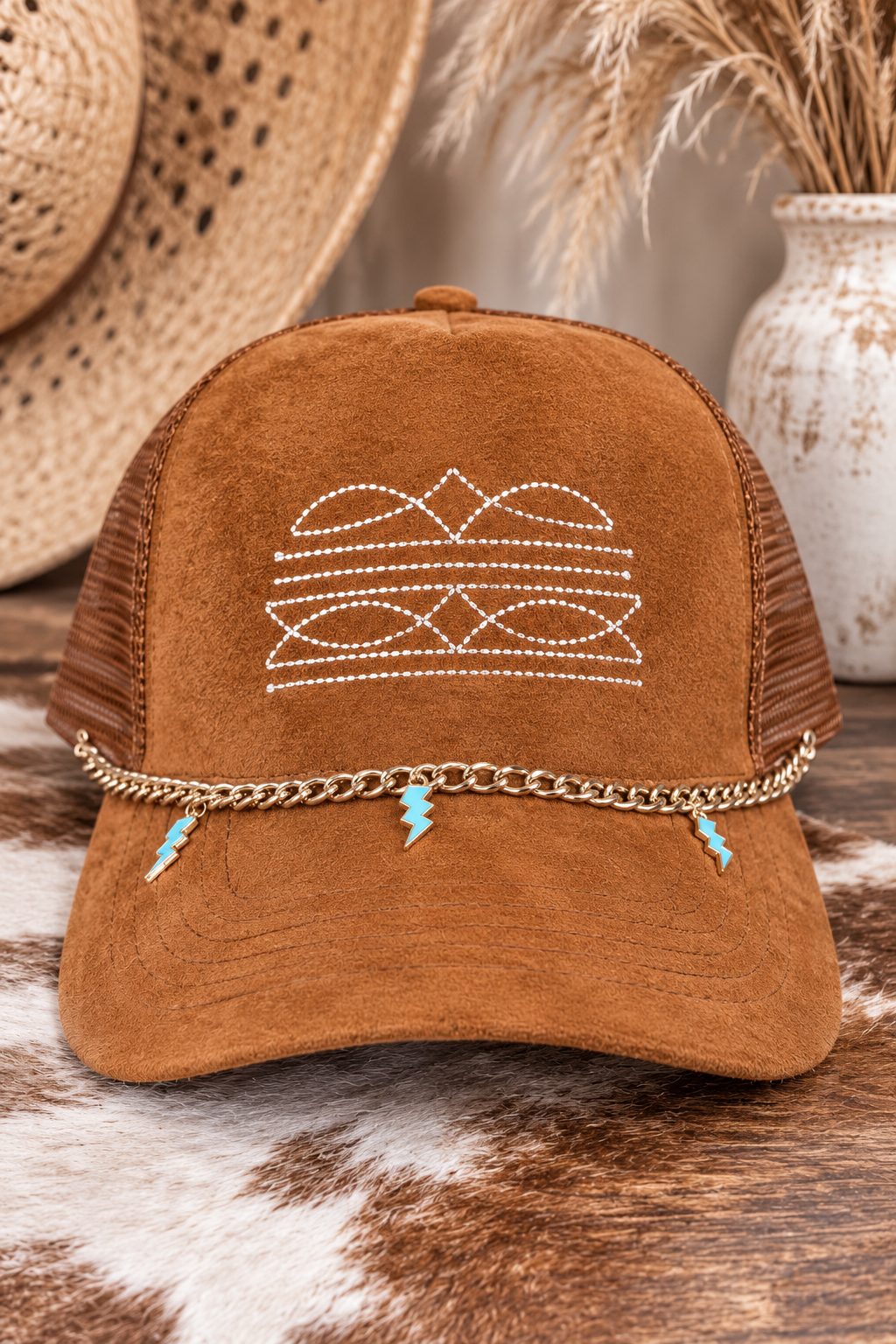 Western Boot Stitch Suede Hat - With Turquoise Lightening Bolt Charm Chain
