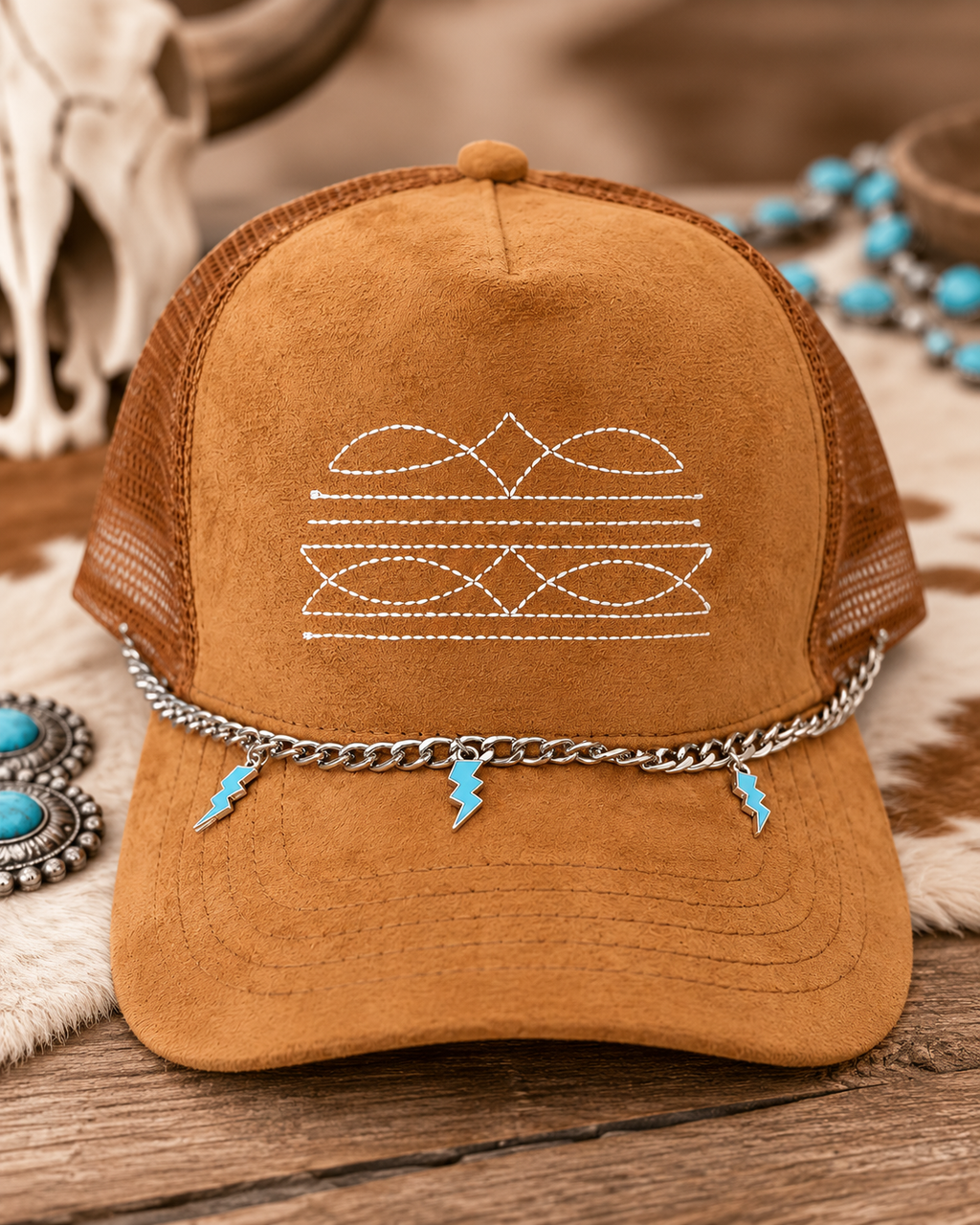 Western Boot Stitch Suede Hat - With Turquoise Lightening Bolt Charm Chain