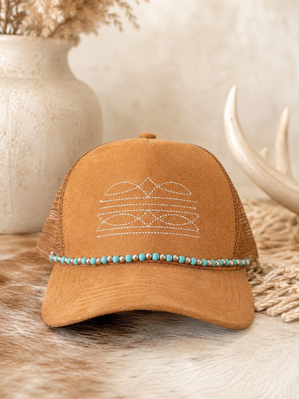 Western Boot Stitch Suede Hat - With Turquoise Chain