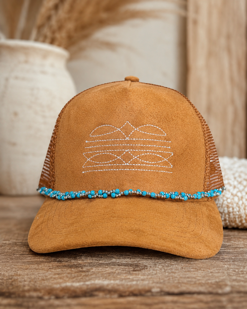 Western Boot Stitch Suede Hat - With Turquoise & Silver Chain