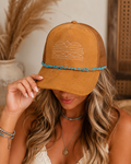 Western Boot Stitch Suede Hat - With Turquoise & Silver Chain