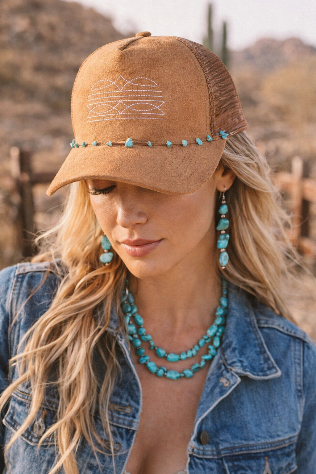 Western Boot Stitch Suede Hat - With Turquoise Dainty Chain
