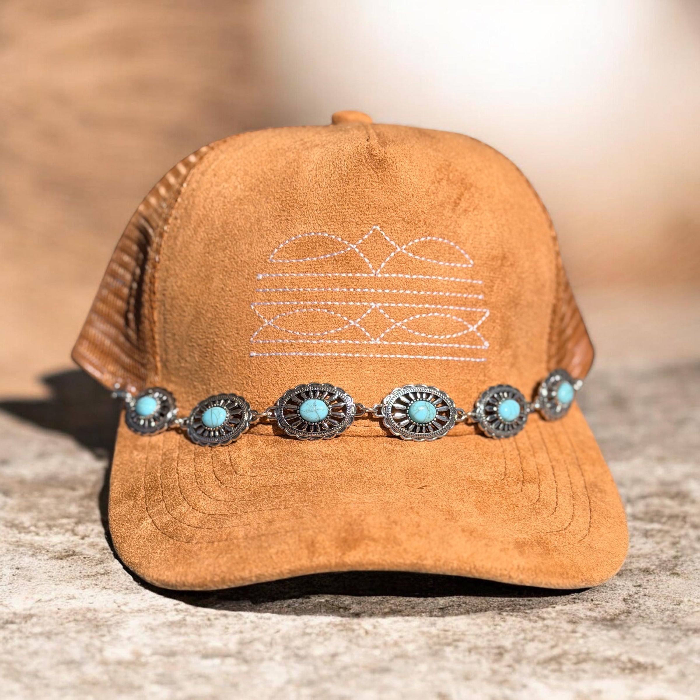 Western Boot Stitch Suede Hat - With Turquoise Belt Chain